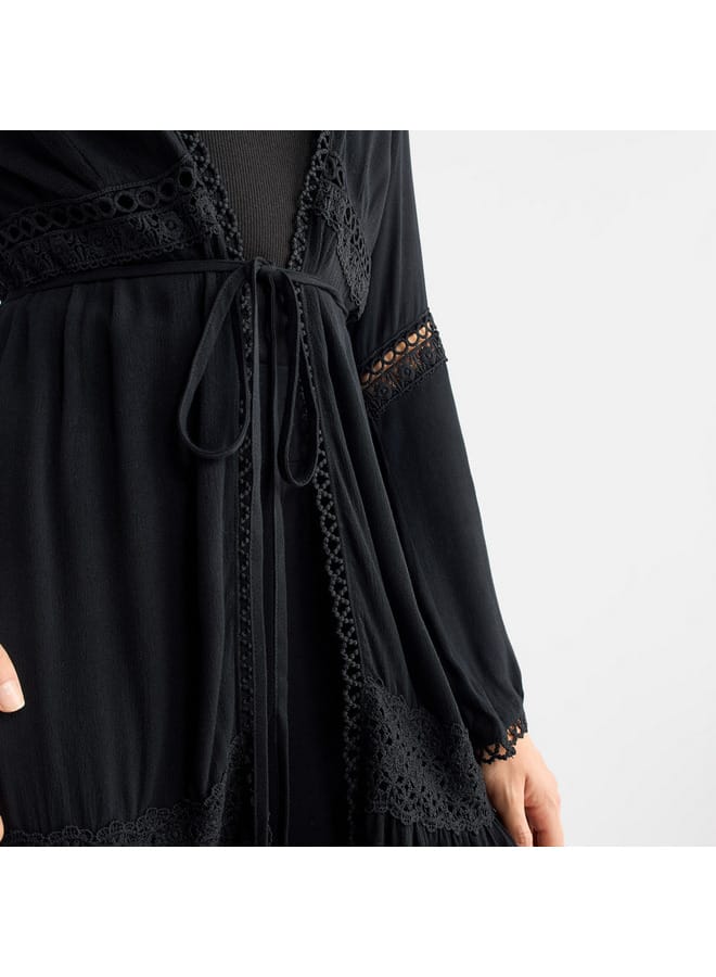 سبلاش فيڤ سترة طويلة متعددة الطبقات بتفاصيل دانتيل وأكمام طويلة وأربطة - Image 4