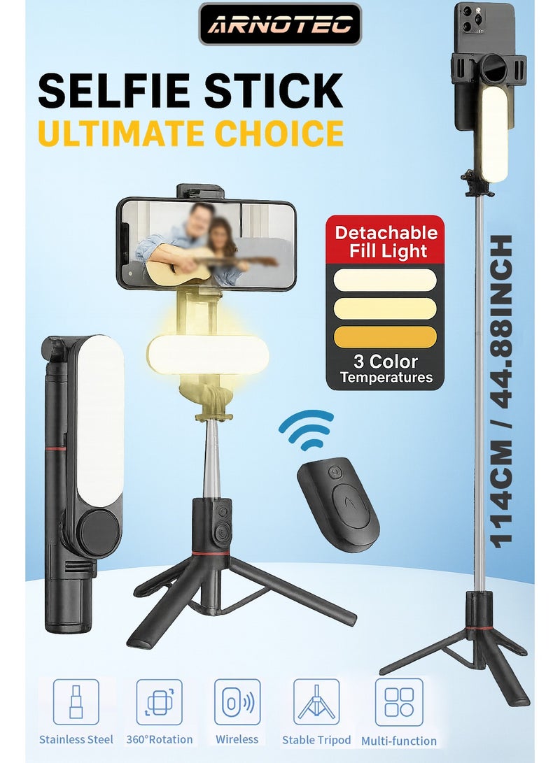 ARNOTEC عصا سيلفي لاسلكية L15 بتقنية البلوتوث مقاس 1110 مم مع حامل ثلاثي صغير مزود بإضاءة خلفية ودوران 360 درجة - Image 1