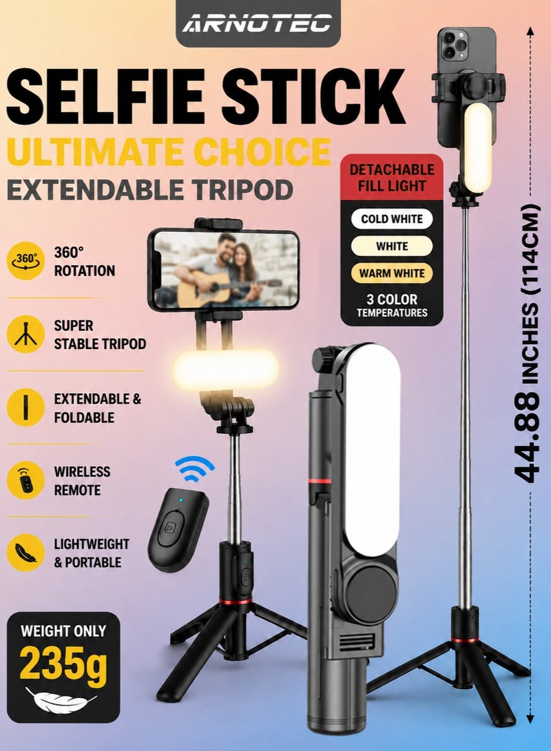 ARNOTEC 44.88 inches(114cm) Selfie Stick Tripod, Extendable Tripod with Rechargeable Bluetooth Remote,Removable fill light， Compatible with iPhone and Android Smartphones, Perfect for Travel, Vlog, Video and Photo, Black - Image 1