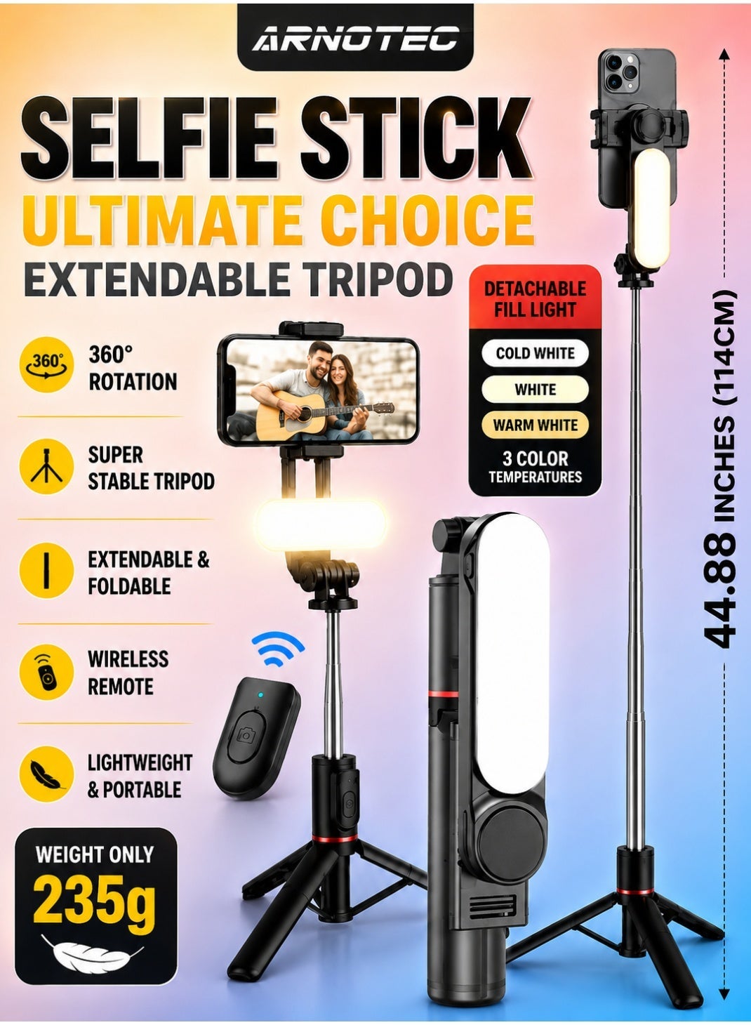 44.88 inches(114cm) Selfie Stick Tripod, Extendable Tripod with Rechargeable Bluetooth Remote,Removable fill light, Compatible with iPhone and Android Smartphones, Perfect for Travel, Vlog, Video and Photo, Black