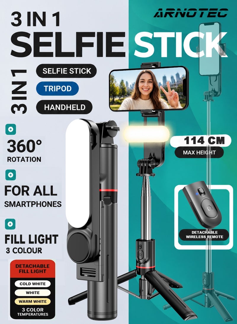 ARNOTEC 44.88 inches(114cm) Selfie Stick Tripod, Extendable Tripod with Rechargeable Bluetooth Remote,Removable fill light， Compatible with iPhone and Android Smartphones, Perfect for Travel, Vlog, Video and Photo, Black - Image 1