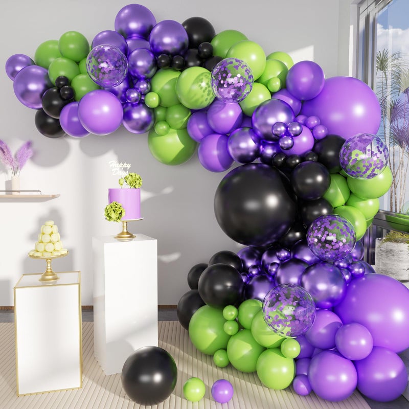 MEBAY Purple Green Black Balloon Garland Arch Kit 156 Matte Black Metallic Purple Lime Green Balloons for Wedding Anniversary Hero Birthday Video Game Graduation Racing Car Party Decoration - Image 3
