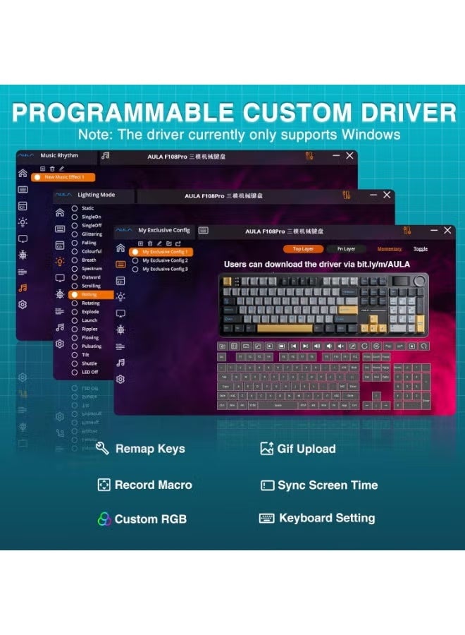 AULA F108 PRO - Wireless Mechanical Keyboard with Screen & Knob, Full Size Keyboard with 8000mAh Battery, Pre-lubed Nimbus V3 Switches, Side Printed PBT Keycaps, RGB Backlit Hot Swappable Custom Gaming Keyboards - Image 3