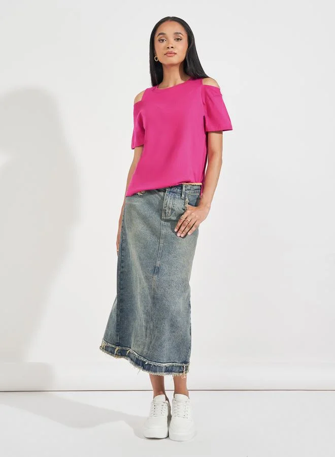 Styli Cotton Jersey Cold Shoulder Sleeves T-Shirt