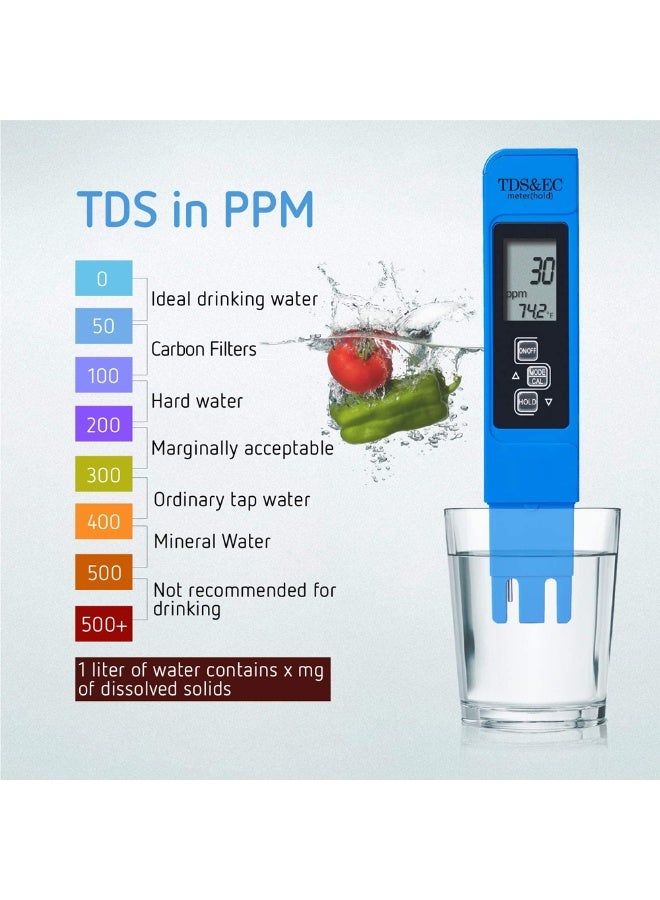 Chabeia 2pcs TDS & PH Meter Digital Water Tester, 0.01ph High Accuracy PH Meter, 0-9990 ppm Temperature TEMP PPM Tester, TDS PH EC Temperature 4 in 1 Set, Pocket Size for Household Drinking, Pool and Aquarium (Blue & Yellow) - Image 5