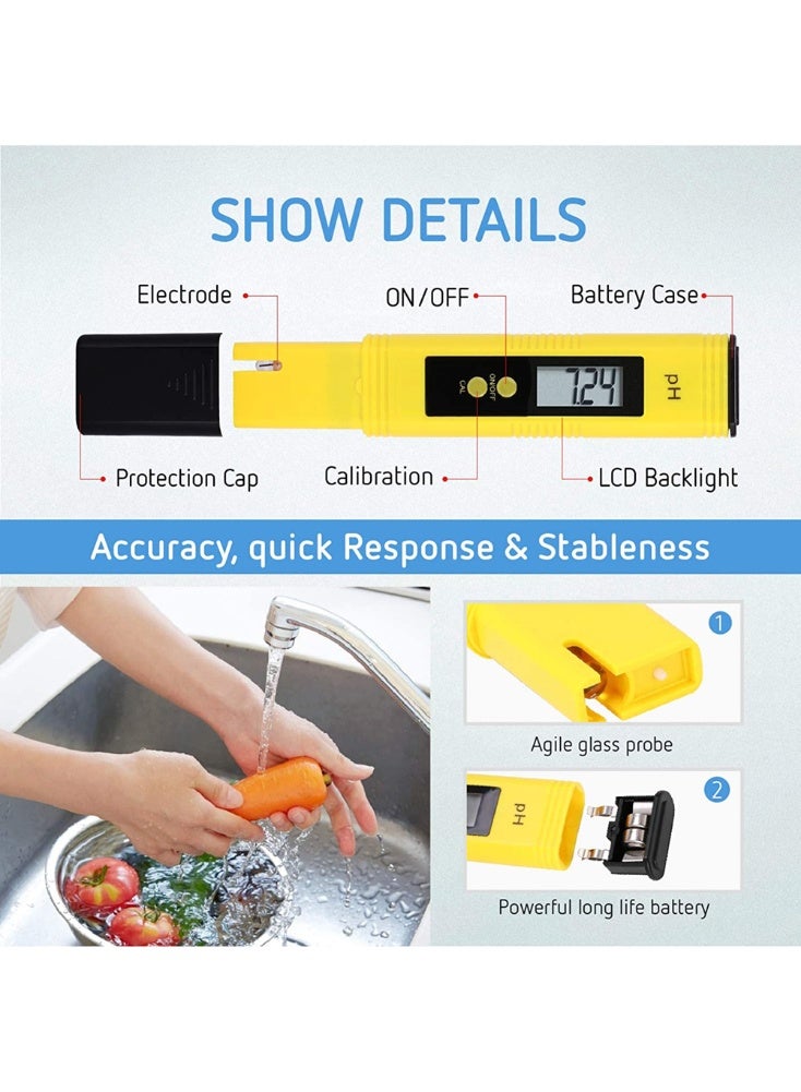 Chabeia 2pcs TDS & PH Meter Digital Water Tester, 0.01ph High Accuracy PH Meter, 0-9990 ppm Temperature TEMP PPM Tester, TDS PH EC Temperature 4 in 1 Set, Pocket Size for Household Drinking, Pool and Aquarium (Blue & Yellow) - Image 3