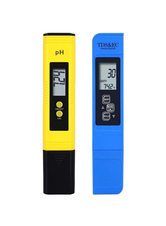 Chabeia 2pcs TDS & PH Meter Digital Water Tester, 0.01ph High Accuracy PH Meter, 0-9990 ppm Temperature TEMP PPM Tester, TDS PH EC Temperature 4 in 1 Set, Pocket Size for Household Drinking, Pool and Aquarium (Blue & Yellow) - Image 1