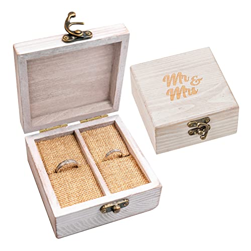 Strova Wooden Ring Box for Wedding Rings and Couple Jewelry - Engraved Mr. & Mrs. Lettering - Ring Bearer Box for Display or Personal Organizer - Brass Latch and Soft, Protective Ring Cushions - Image 1