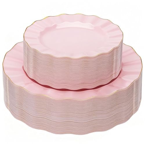 QualQuot 120PCS Pink Plastic Plates, Heavy Duty Disposable Party Plates with Gold Rim, Fancy 60 Dinner & 60 Dessert Plates for Parties and Wedding - Image 1