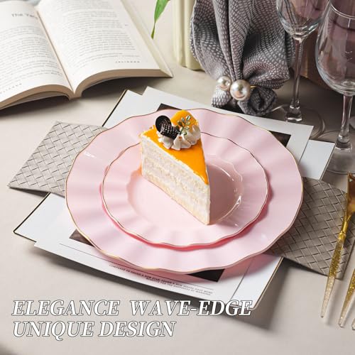 QualQuot 120PCS Pink Plastic Plates, Heavy Duty Disposable Party Plates with Gold Rim, Fancy 60 Dinner & 60 Dessert Plates for Parties and Wedding - Image 3