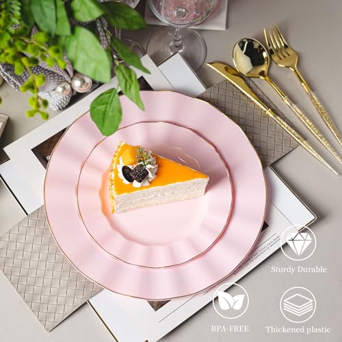 QualQuot 120PCS Pink Plastic Plates, Heavy Duty Disposable Party Plates with Gold Rim, Fancy 60 Dinner & 60 Dessert Plates for Parties and Wedding - Image 5