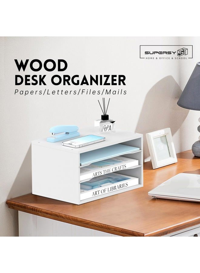 SUPEASY Wood Desk Organizer, 3 Tier Paper File Organizer for Desk, Wooden Desktop Organizer, Paper Letter Literature Mail Sorter, for Office School & Home Organization, White - Image 2