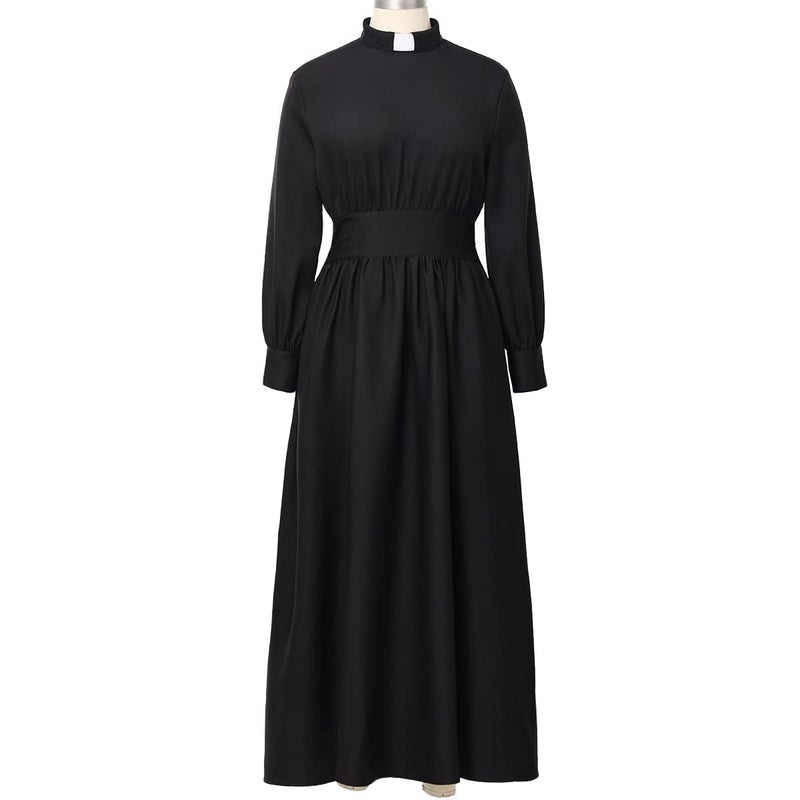 CAMDOM Church Clergy Dress for Women Long Sleeve A Line Elegant Maxi Dress with Tab Insert Stand Collar and Belt Black - Image 3
