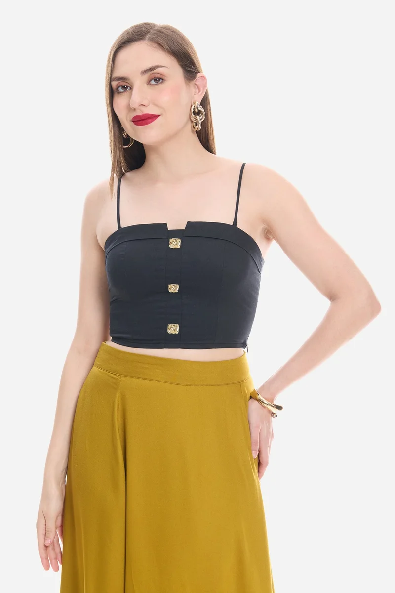 فيرجيو Solid Cotton Satin Tube Top with Detachable Strip And Gold Buttons for Women