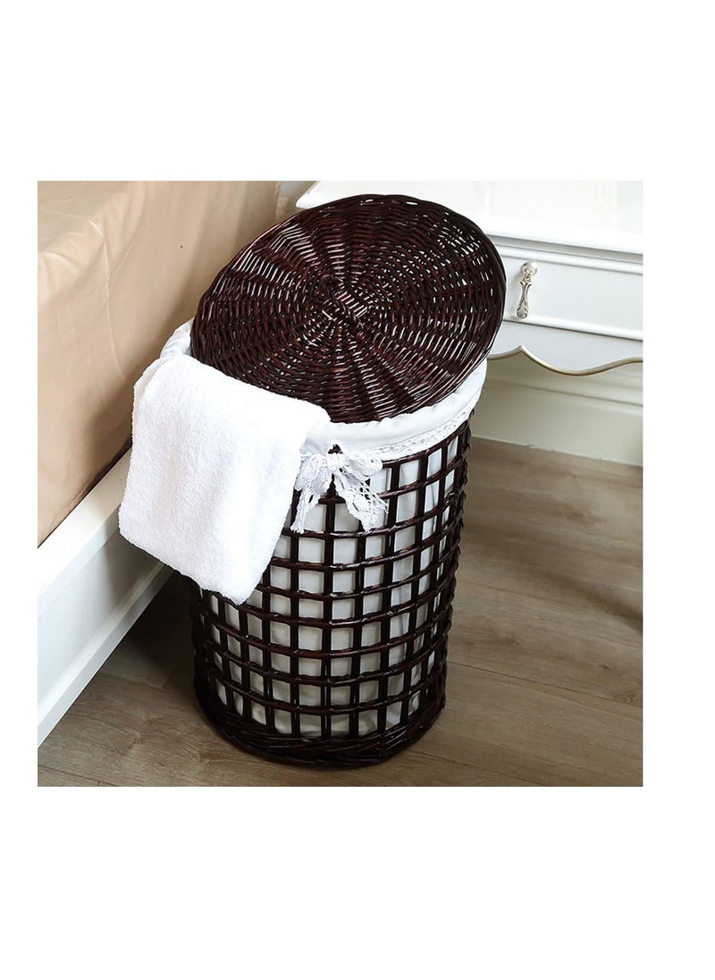 Generic - 2 Pack Rattan Laundry Basket Household Dirty Clothes Hamper Round Wicker Storage Basket with Lining and Lid (B-Brown) - Image 1