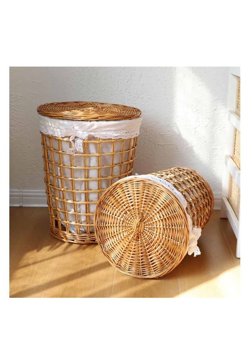 Generic - 2 Pack Rattan Laundry Basket Household Dirty Clothes Hamper Round Wicker Storage Basket with Lining and Lid (B-Brown) - Image 1