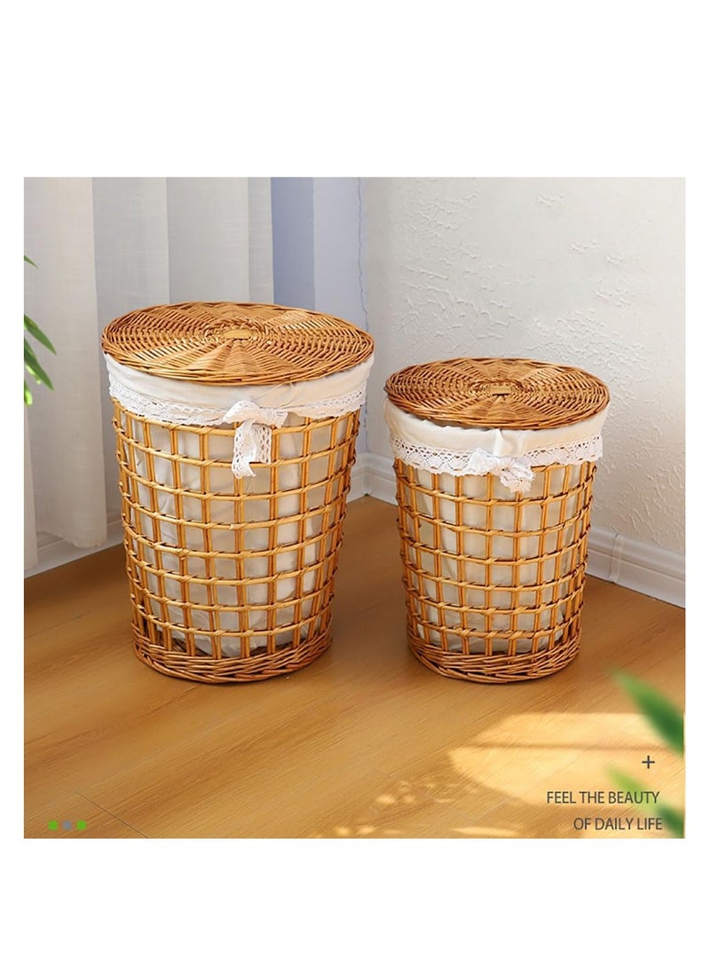 Generic - 2 Pack Rattan Laundry Basket Household Dirty Clothes Hamper Round Wicker Storage Basket with Lining and Lid (B-Brown) - Image 1