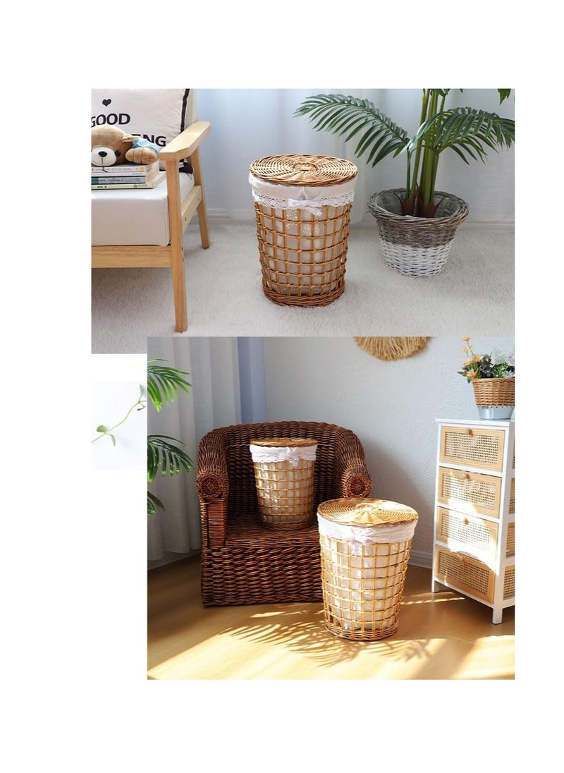 Generic - 2 Pack Rattan Laundry Basket Household Dirty Clothes Hamper Round Wicker Storage Basket with Lining and Lid (B-Brown) - Image 1