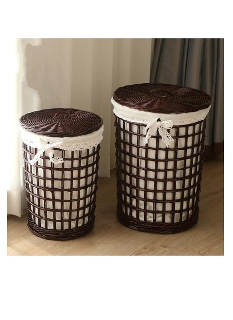 2 Pack Rattan Laundry Basket Household Dirty Clothes Hamper Round Wicker Storage Basket with Lining and Lid (B-Brown)