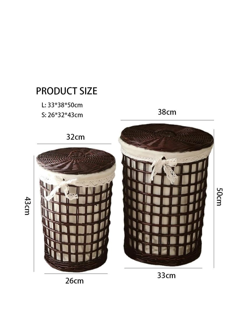 Generic - 2 Pack Rattan Laundry Basket Household Dirty Clothes Hamper Round Wicker Storage Basket with Lining and Lid (B-Brown) - Image 1