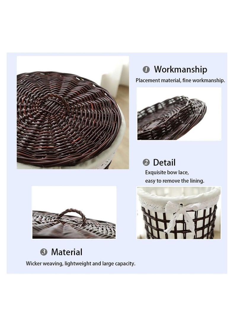 Generic - 2 Pack Rattan Laundry Basket Household Dirty Clothes Hamper Round Wicker Storage Basket with Lining and Lid (B-Brown) - Image 1