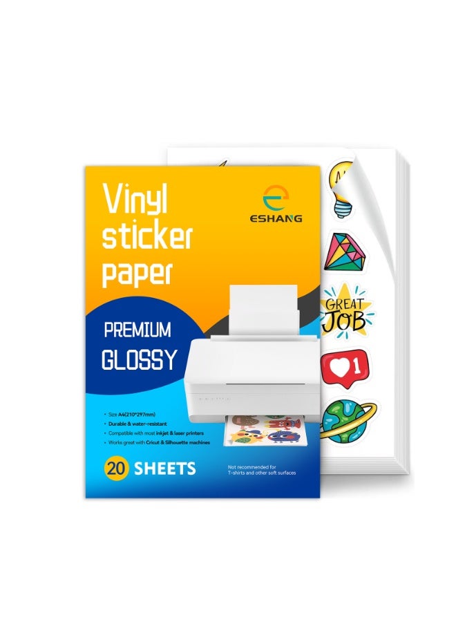 ESHANG Premium Printable Vinyl Sticker Paper for Inkjet Printer - A4 20 Sheets High Glossy White Waterproof, Dries Quickly Vivid Colors, Holds Ink well- Tear Resistant