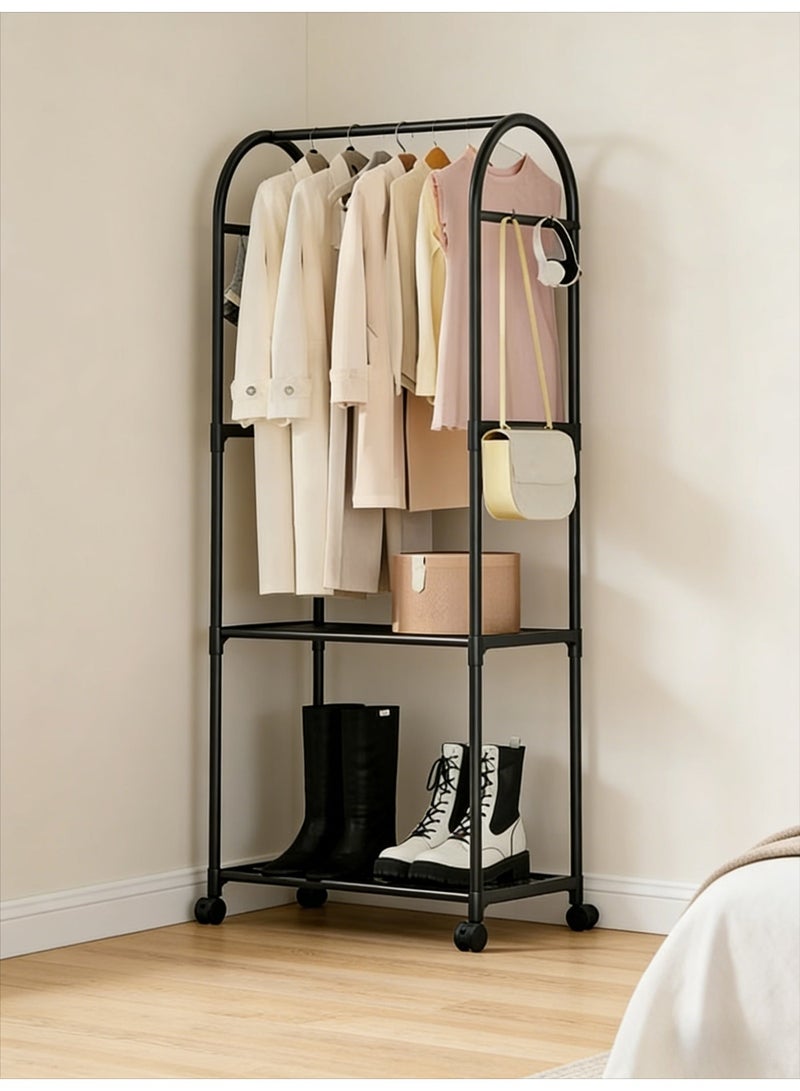 CKIKH Roller coat rack with storage basket, 2-in-1 coat rack with wheels and side hooks, multi-functional coat and hat rack with storage function, space-saving design, two-tier black coat rack. - Image 1