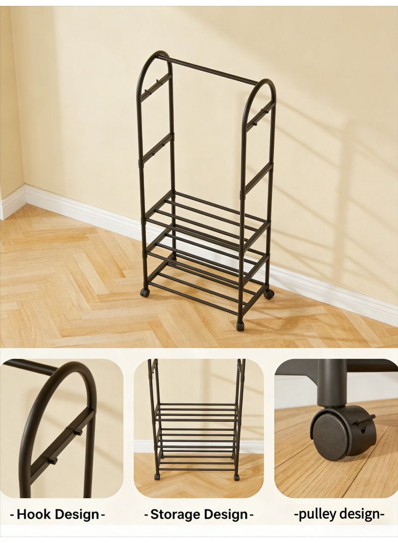 CKIKH Roller coat rack with storage basket, 2-in-1 coat rack with wheels and side hooks, multi-functional coat and hat rack with storage function, space-saving design, two-tier black coat rack. - Image 2