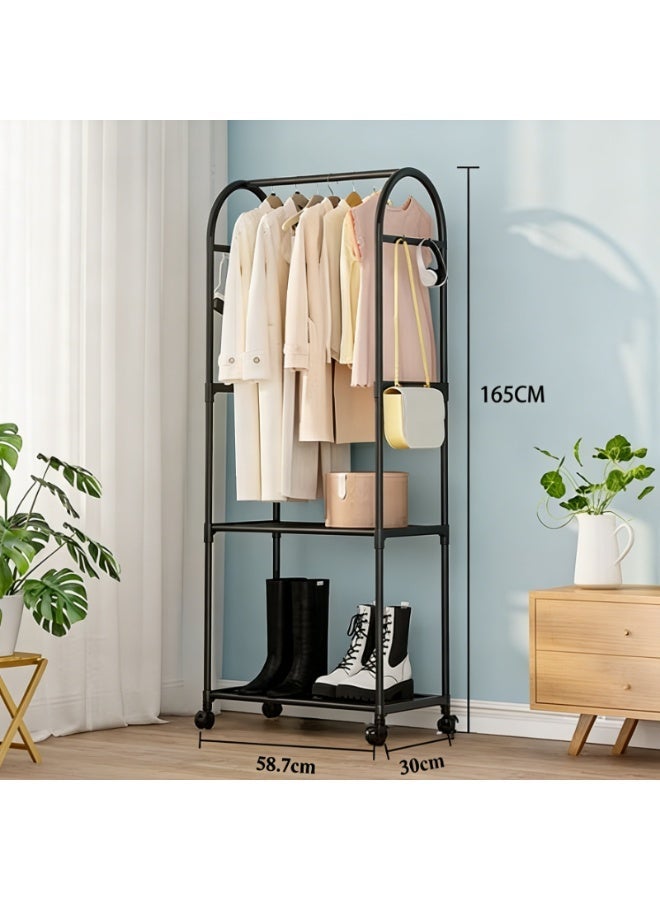CKIKH Roller coat rack with storage basket, 2-in-1 coat rack with wheels and side hooks, multi-functional coat and hat rack with storage function, space-saving design, two-tier black coat rack. - Image 4