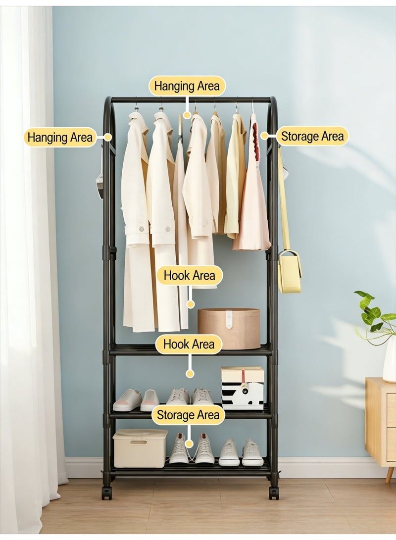CKIKH Roller coat rack with storage basket, 2-in-1 coat rack with wheels and side hooks, multi-functional coat and hat rack with storage function, space-saving design, two-tier black coat rack. - Image 3