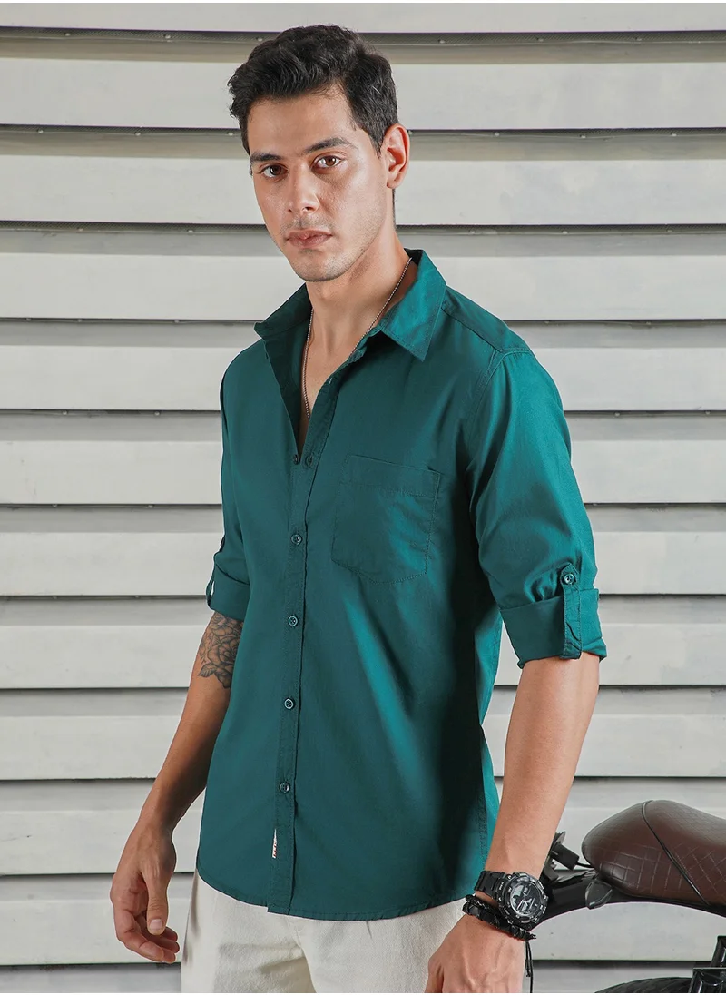 HIGH STAR Dark Green Regular Fit Cotton Casual Shirt for Men with Spread Collar