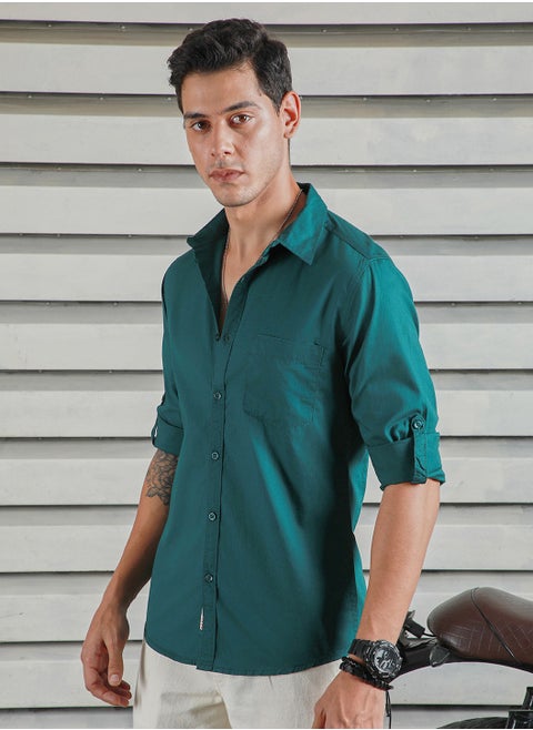 Dark Green Regular Fit Cotton Casual Shirt for Men with Spread Collar