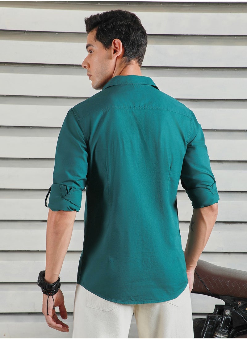 HIGH STAR - Dark Green Regular Fit Cotton Casual Shirt for Men with Spread Collar - Image 1