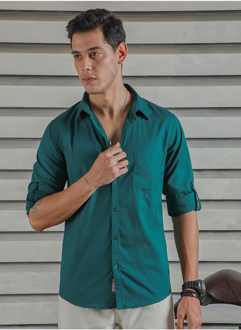 HIGH STAR - Dark Green Regular Fit Cotton Casual Shirt for Men with Spread Collar - Image 1