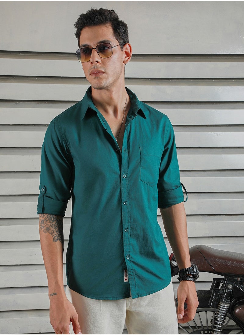 HIGH STAR - Dark Green Regular Fit Cotton Casual Shirt for Men with Spread Collar - Image 1