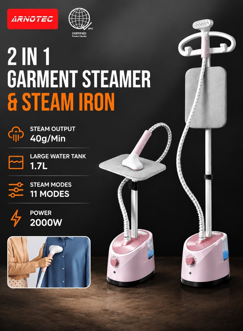 ARNOTEC 2000W Garment Steamer with 11 Ironing Modes, 1.7L Large Water Tank, Handheld & Standing Clothes Steamer, Smart Temperature Control, 3-Level Adjustable Pole up to 150cm, Fast Wrinkle Removal - Image 1
