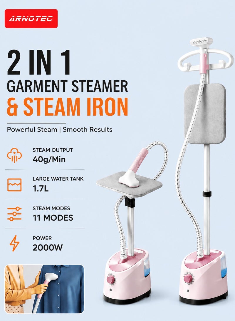 ARNOTEC 2000W Garment Steamer with 11 Ironing Modes, 1.7L Large Water Tank, Handheld & Standing Clothes Steamer, Smart Temperature Control, 3-Level Adjustable Pole up to 150cm, Fast Wrinkle Removal - Image 1
