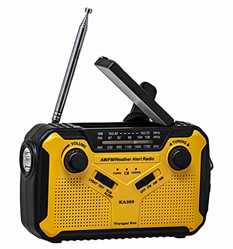 Kaito Voyager ECO Emergency Radio KA369 AM/FM NOAA Weather Alert 5-Way Powered Solar Crank Radio Receiver with LED Flashlight and USB Mobile Phone Charger Yellow - Image 1