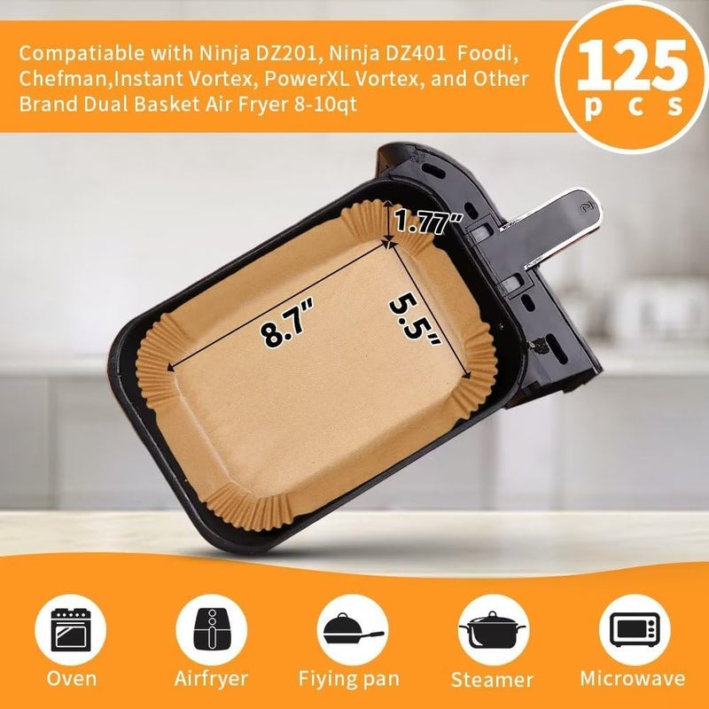 DNSSY Air Fryer Liners Disposable for Ninja Airfryer: 125pcs 8.7x5.5" Rectangle Parchment Paper for Air Fryer Dual Basket Ninja DZ201 DZ401 Foodi 8Qt and Above Air Fryer liner Accessories - Image 2