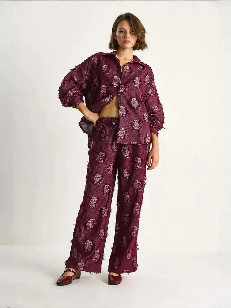 Bianco Lucci LUCCI Embroidered Oversized Shirt and Wide Leg Trousers Co-Ord Set