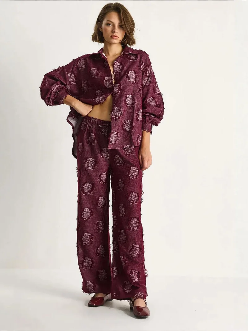 Bianco Lucci LUCCI Embroidered Oversized Shirt and Wide Leg Trousers Co-Ord Set