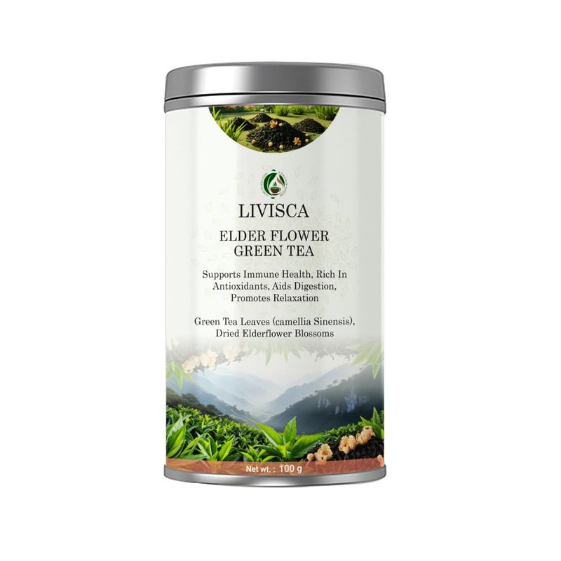 Livisca Elderflower Green Tea| Premium Herbal Blend with Green Tea & Elderflower Blossoms | Floral Detox & Wellness Tea - 100GM - Image 1