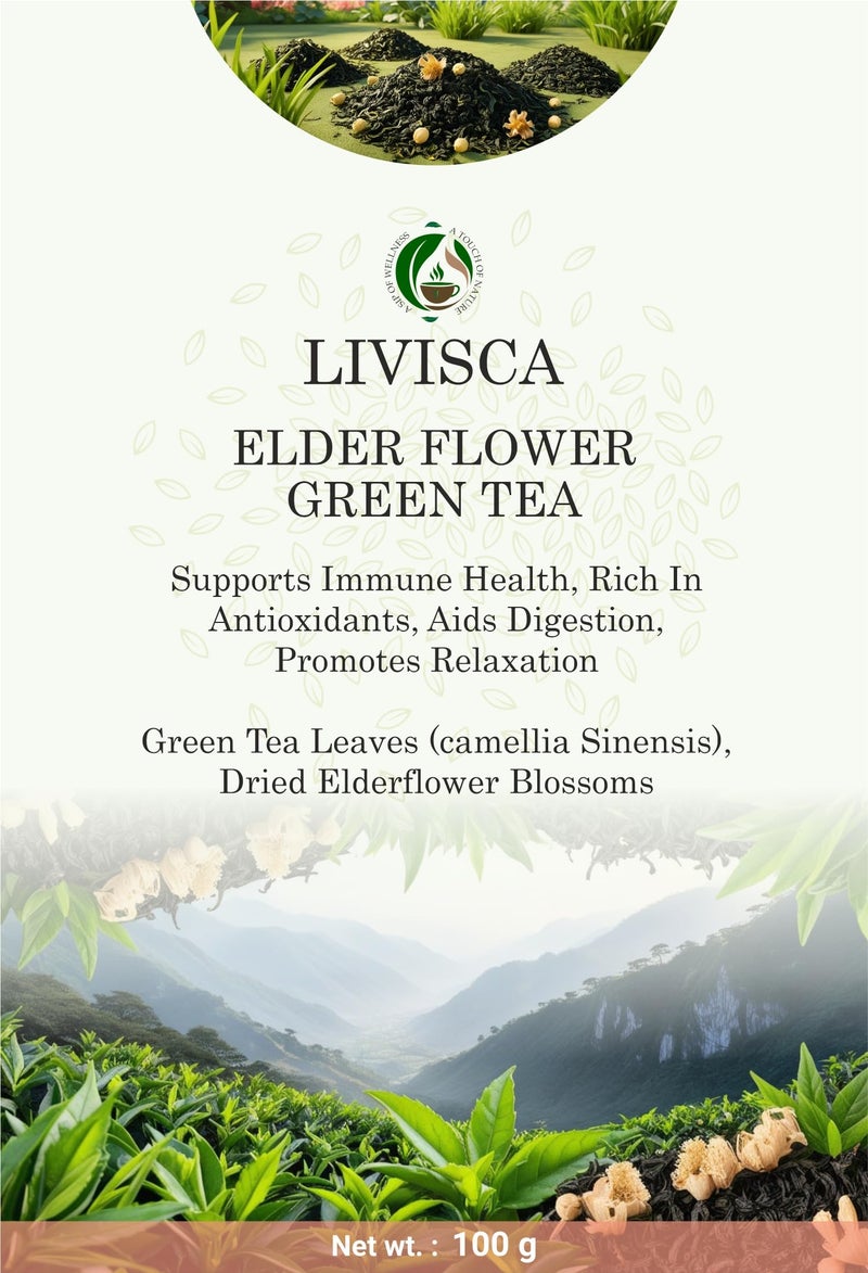 Livisca Elderflower Green Tea| Premium Herbal Blend with Green Tea & Elderflower Blossoms | Floral Detox & Wellness Tea - 100GM - Image 3