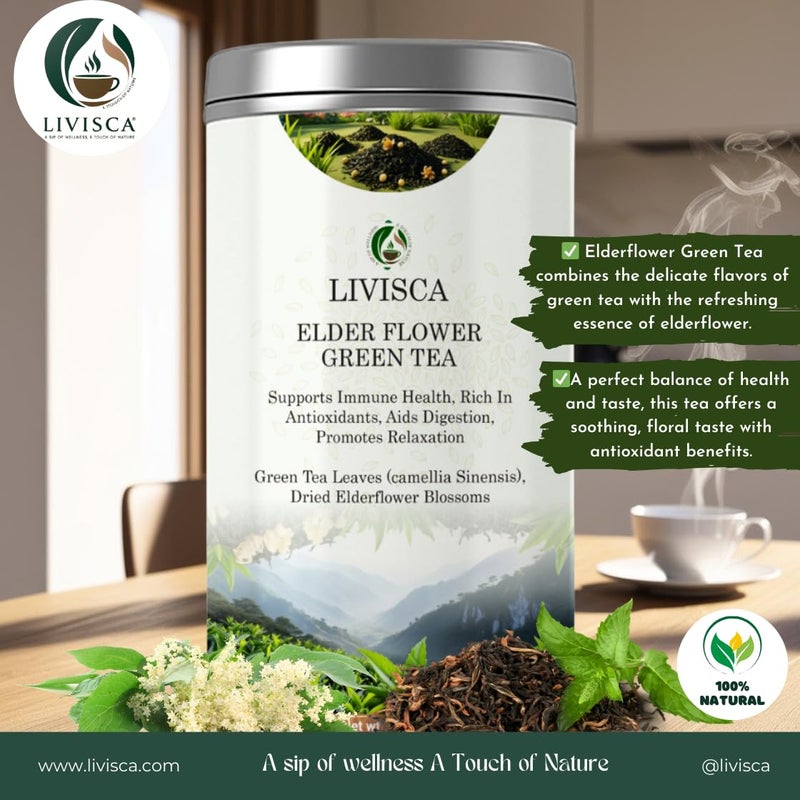 Livisca Elderflower Green Tea| Premium Herbal Blend with Green Tea & Elderflower Blossoms | Floral Detox & Wellness Tea - 100GM - Image 5