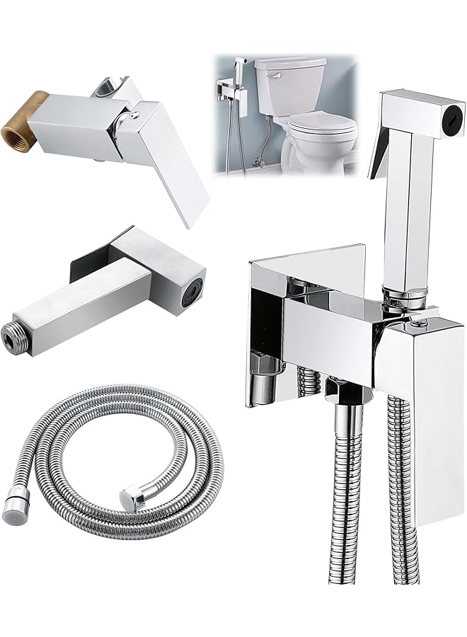 The Bros Warm Water Bidet Sprayer Faucet for Toilet with Hot and Cold Brass Rough-in Valve, Stainless Steel Square Handheld Bidet Attachment Set for Feminine, Pets and Baby Diaper Washing