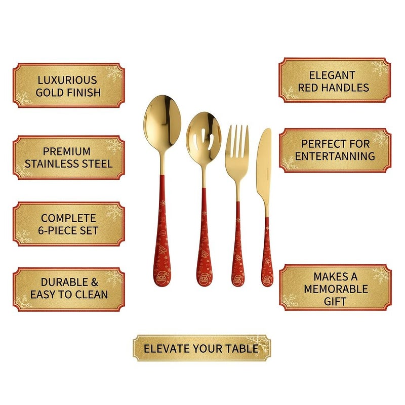 6 Piece Christmas Themed Stainless Steel Cutlery Set Santa Snowflake Pattern - Image 5