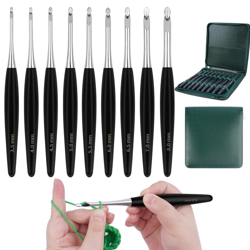 Hobekoee Inline Crochet Hooks 9 Sizes 3.5Mm(E)-8Mm(L) Wooden Crochet Hooks Set With Case Streamline Large Handle Crochet Needles Set For Arthritic Hands - Image 1