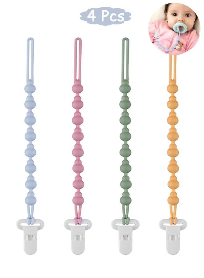 4 Pack Rust-Free Soft Silicone Pacifier Clips, Flexible Food Grade Pacifier Chain Clip with Stylish Round Design, Silicone Pacifier Holder with One Piece Beads for Baby Boys and Girls Teething and Newborns - Image 1
