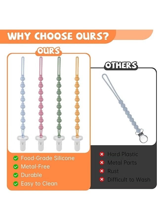 4 Pack Rust-Free Soft Silicone Pacifier Clips, Flexible Food Grade Pacifier Chain Clip with Stylish Round Design, Silicone Pacifier Holder with One Piece Beads for Baby Boys and Girls Teething and Newborns - Image 3