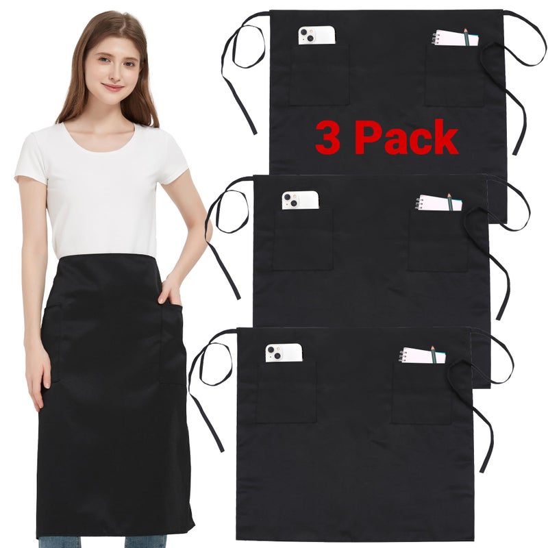 FunChaos 3 Pack Waist Apron with 2 Pockets, Black Waitress Waiter Aprons for Women and Man, Water Resistant Long Server Aprons with Long Straps Bistro Apron for Restaurant Server Work Bar, 27.95''X 31.5'' - Image 1